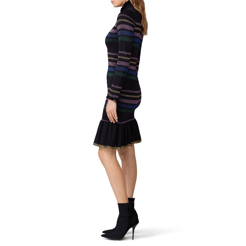 Shoshanna Evette Black Striped Knit Long Sleeve Ruffle Mock Neck Sweater Dress S - Picture 2 of 14